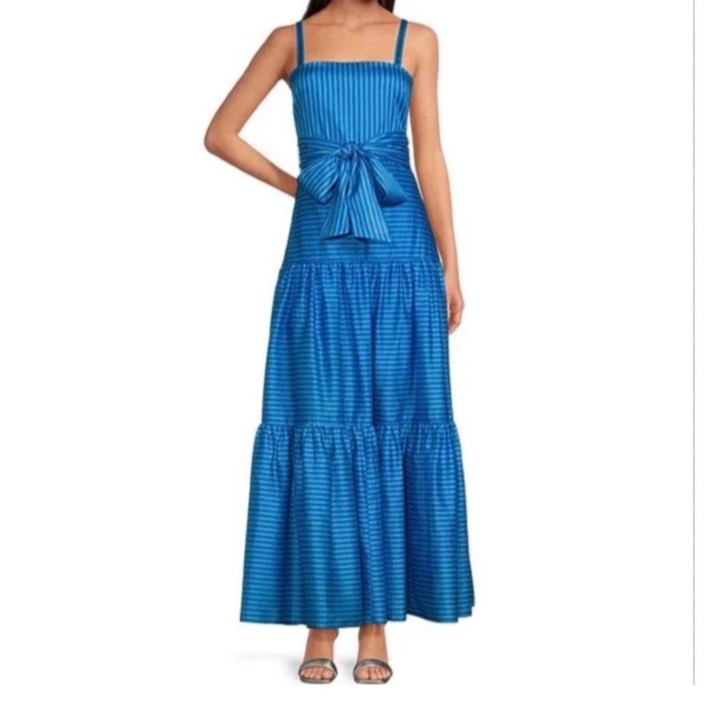 Badgley Mischka Blue Striped Tiered Maxi Dress with Waist Bow
